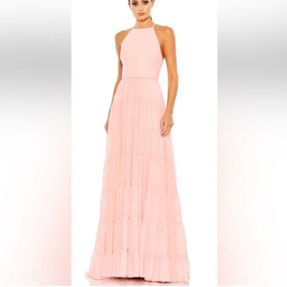 Mac Duggal Light Pink Tiered A-Line Halter Sleeveless Formal Maxi Gown Size 14
